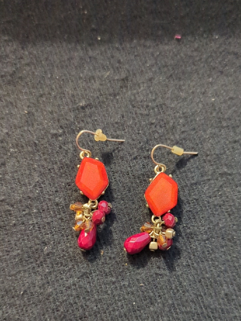 Gold Tone Red and Orange Beaded Dangle Statement Earrings